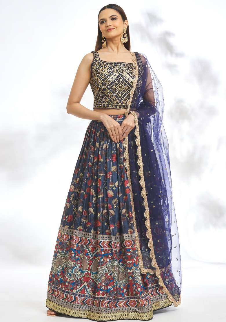 Blue Chinon Lehenga Set with Embroidery for Diwali | Wedding & Festive Wear - Indya
