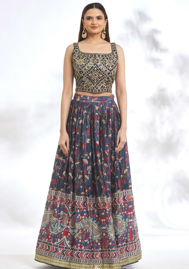 Blue Chinon Lehenga Set with Embroidery for Diwali | Wedding & Festive Wear - Indya