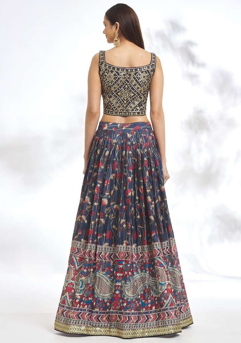 Blue Chinon Lehenga Set with Embroidery for Diwali | Wedding & Festive Wear - Indya