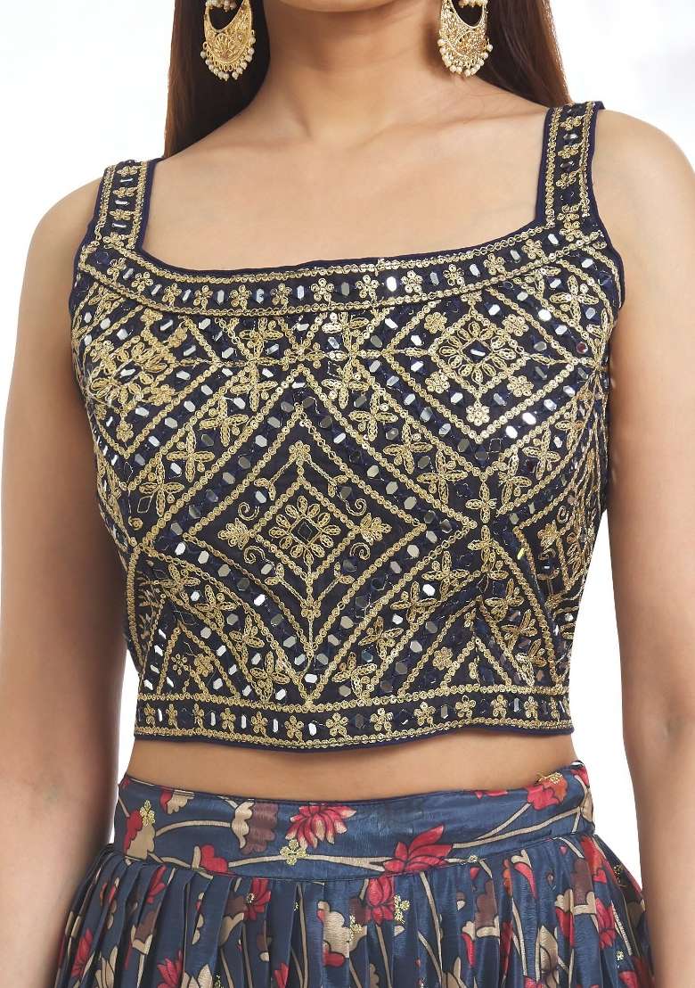 Blue Chinon Lehenga Set with Embroidery for Diwali | Wedding & Festive Wear - Indya