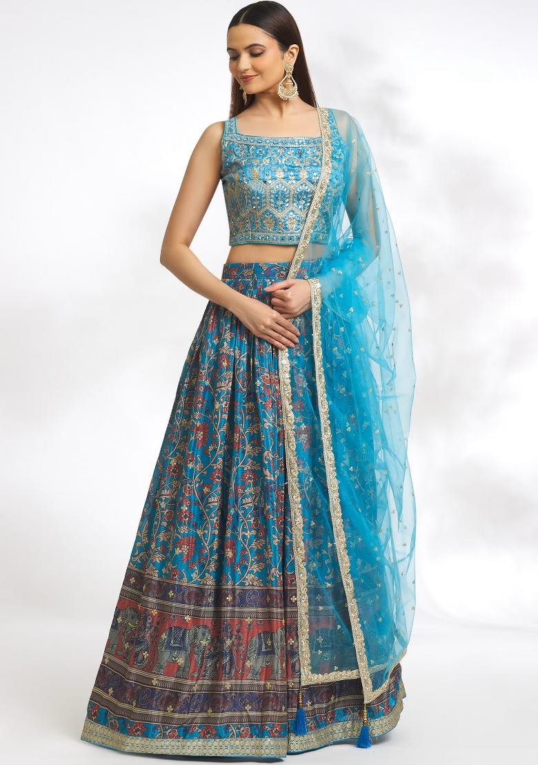 Sky Blue Embroidery Chinon Lehenga Set