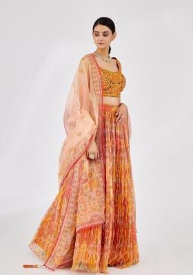 Yellow Printed Organza Lehenga Set