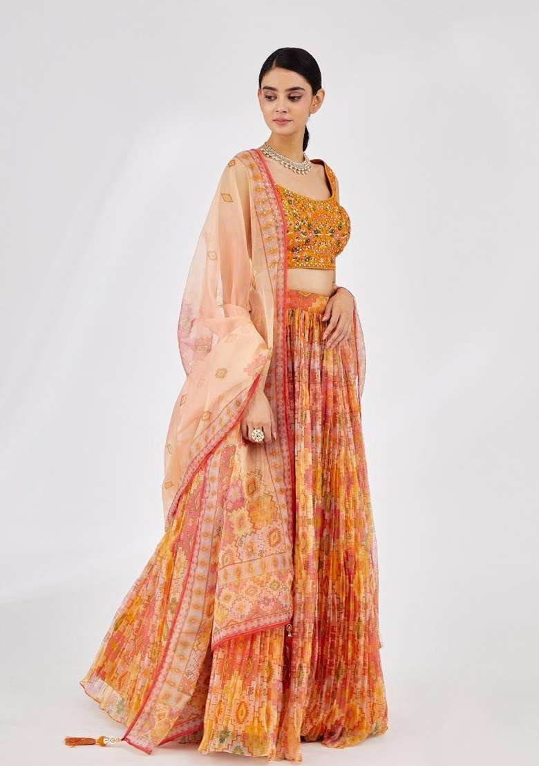 Yellow Printed Organza Lehenga Set for Diwali and Festive Wear - Indya