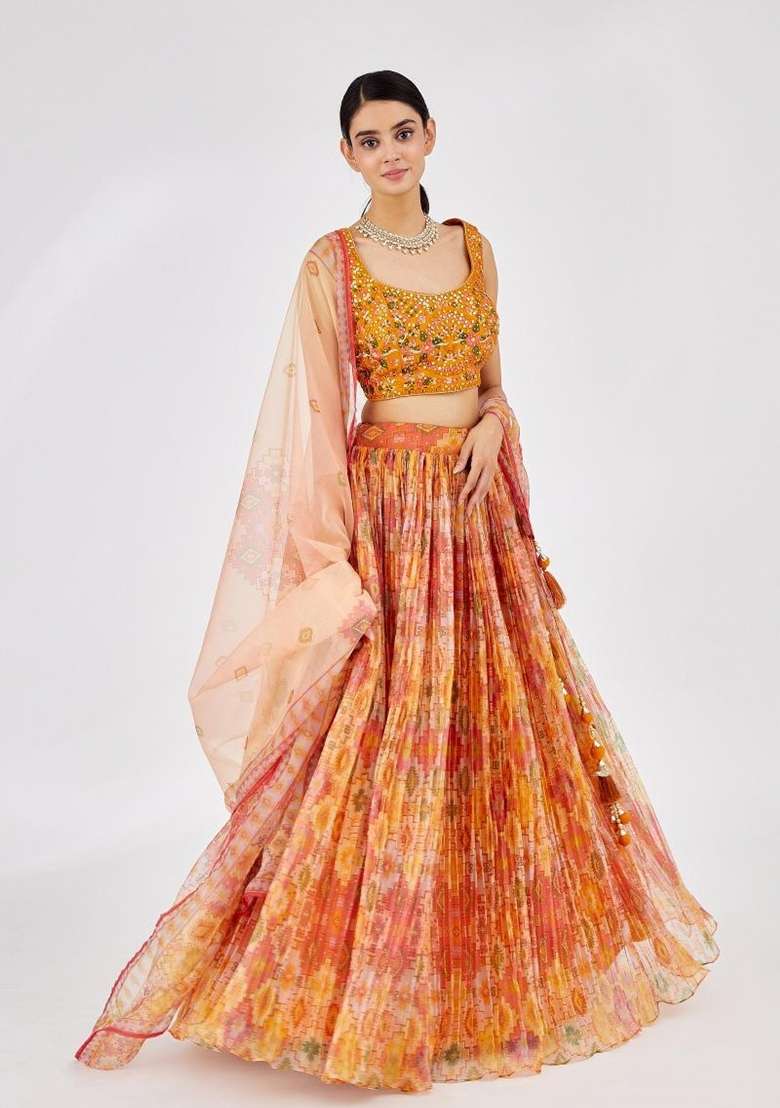 Yellow Printed Organza Lehenga Set for Diwali and Festive Wear - Indya