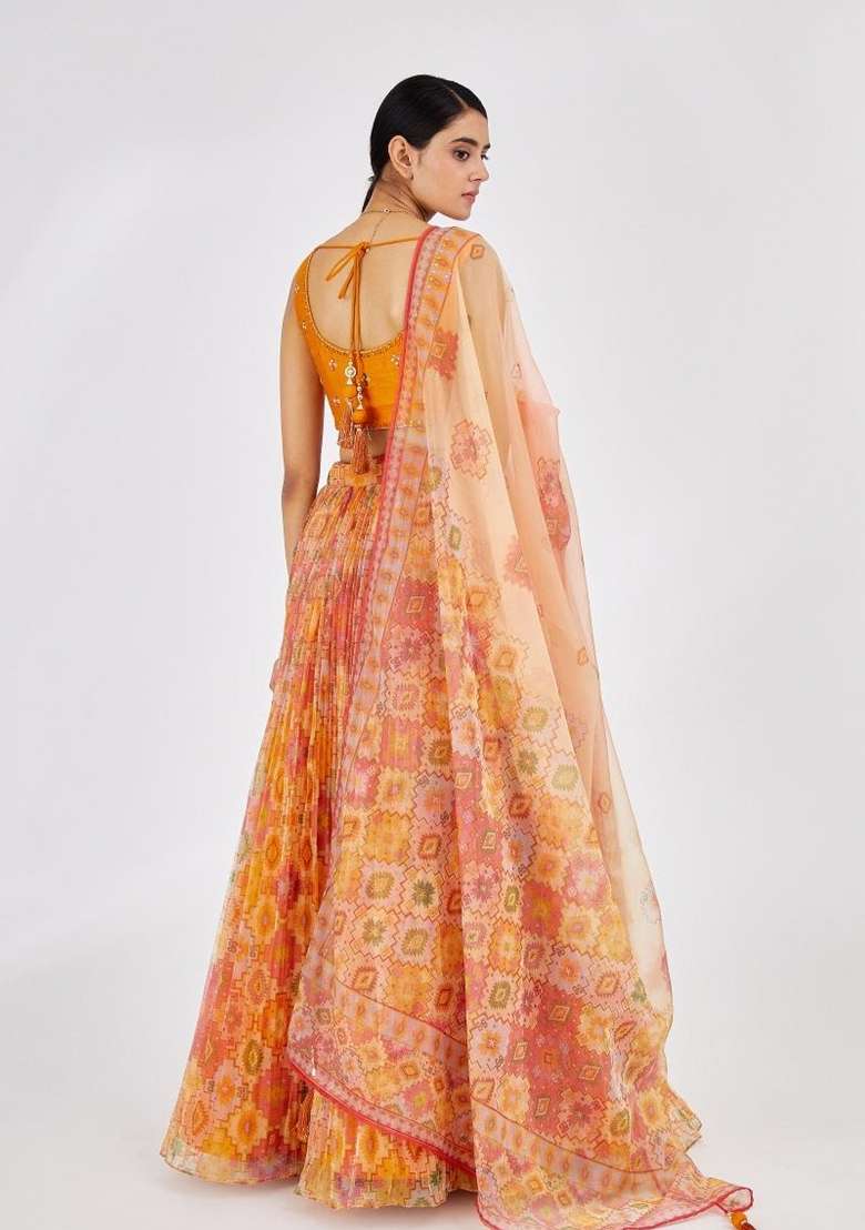 Yellow Printed Organza Lehenga Set for Diwali and Festive Wear - Indya