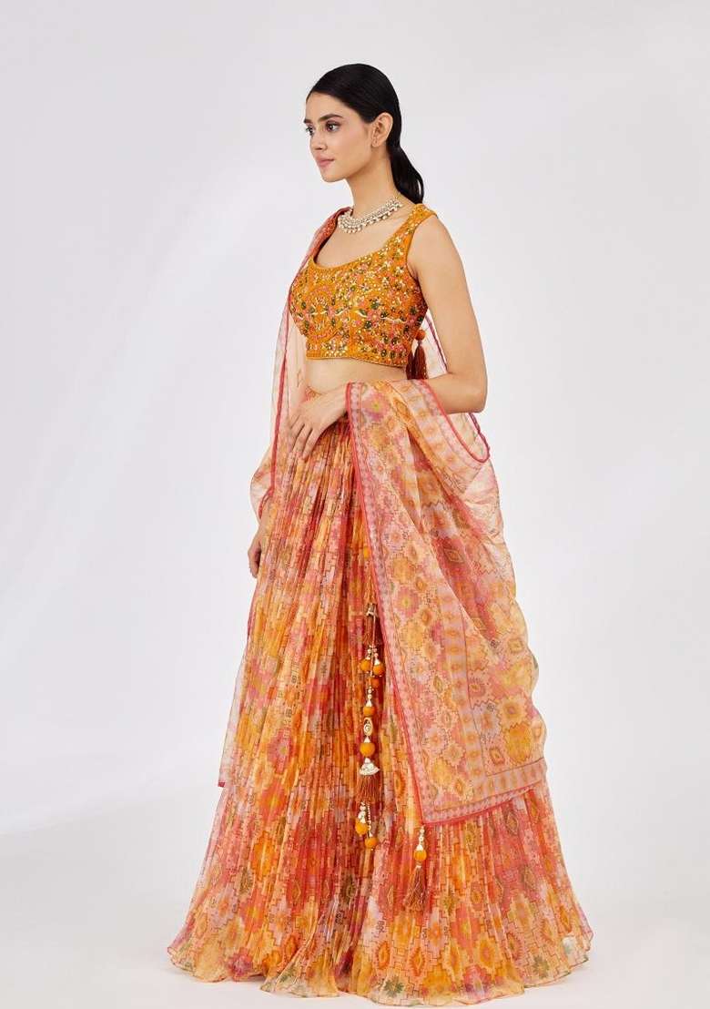 Yellow Printed Organza Lehenga Set for Diwali and Festive Wear - Indya