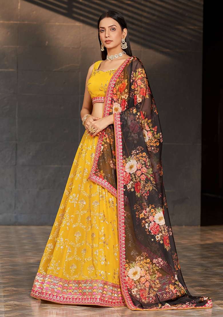 Yellow Embroidery Georgette Lehenga Set for Diwali and Festive Wear - Indya