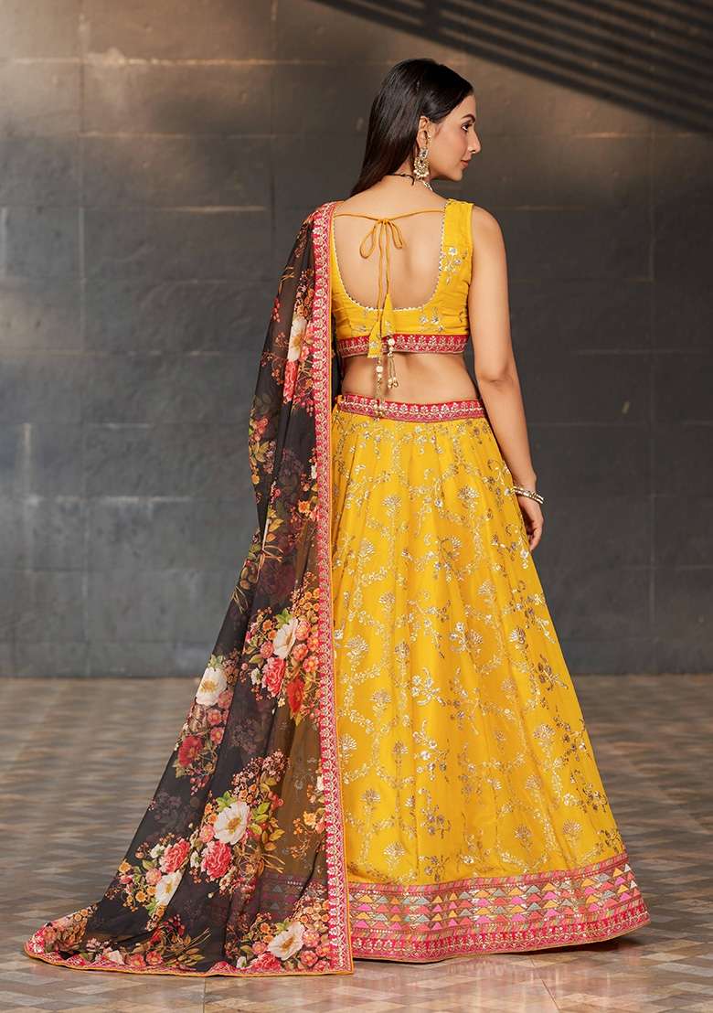 Yellow Embroidery Georgette Lehenga Set for Diwali and Festive Wear - Indya