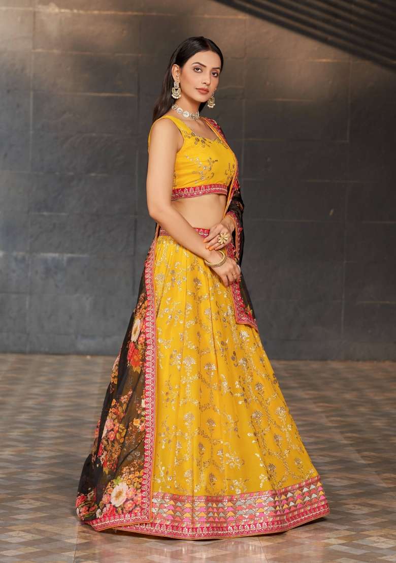 Yellow Embroidery Georgette Lehenga Set for Diwali and Festive Wear - Indya