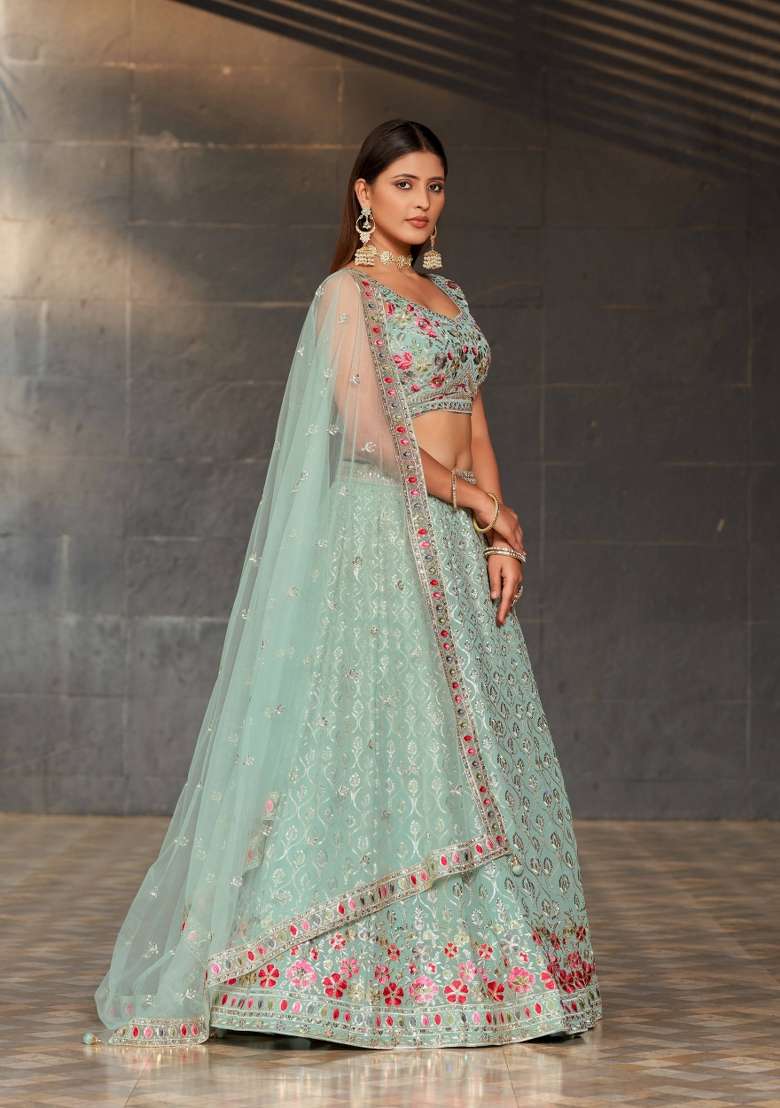 Sky Blue Embroidery Georgette Lehenga Set for Diwali and Festive Wear - Indya