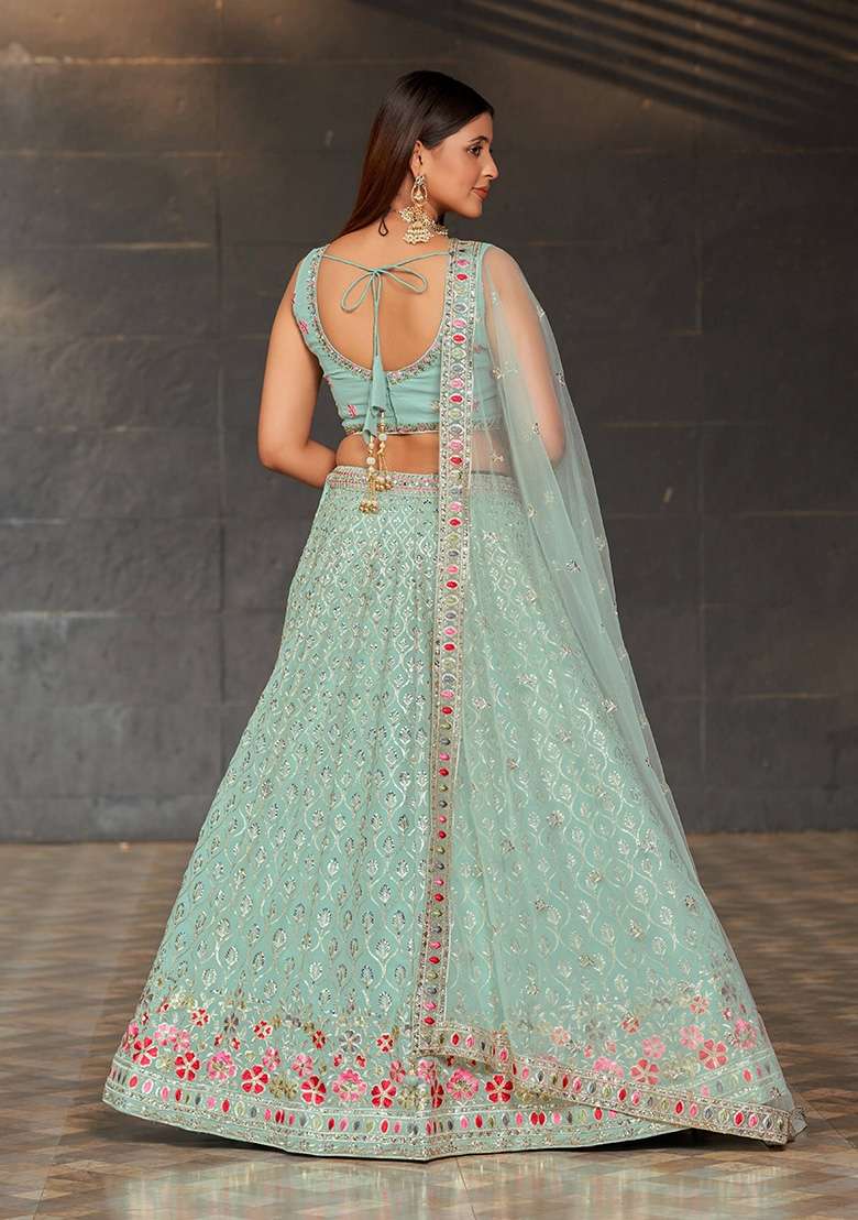 Sky Blue Embroidery Georgette Lehenga Set for Diwali and Festive Wear - Indya