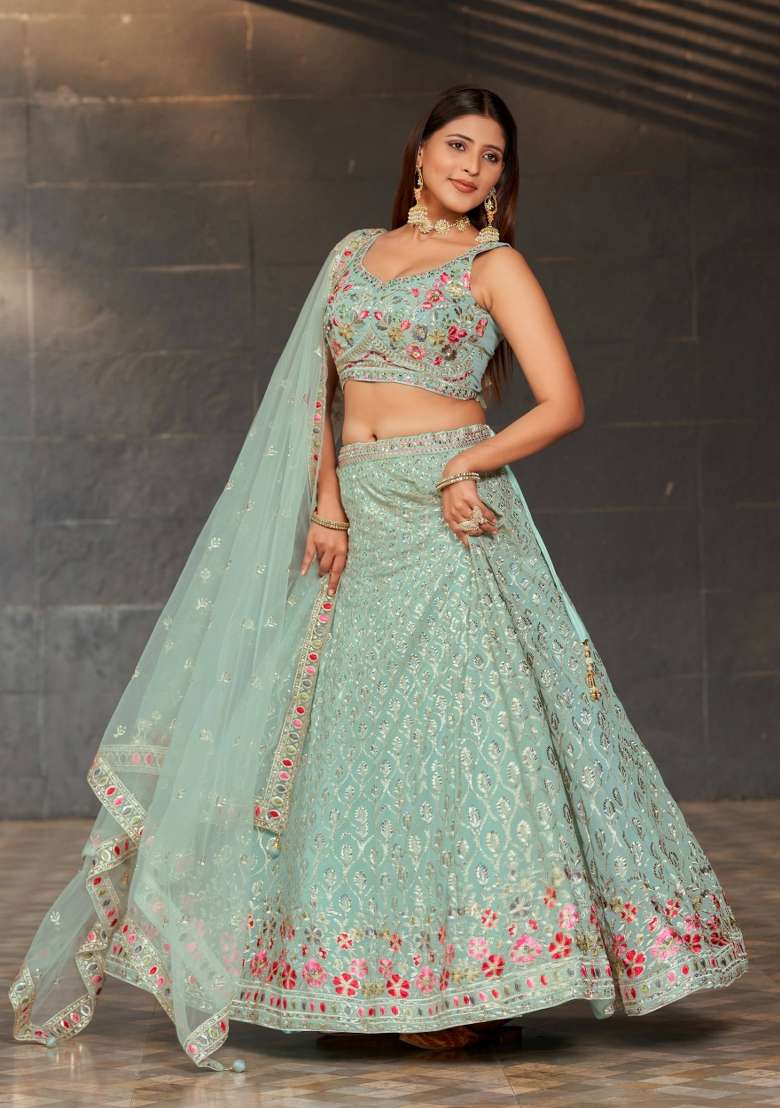 Sky Blue Embroidery Georgette Lehenga Set for Diwali and Festive Wear - Indya