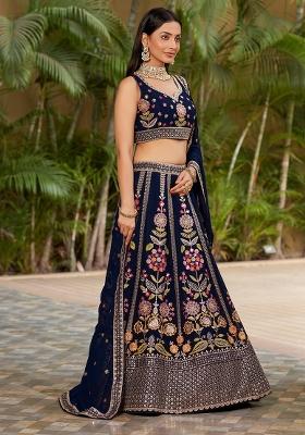 Navy Blue Embroidery Georgette Lehenga Set
