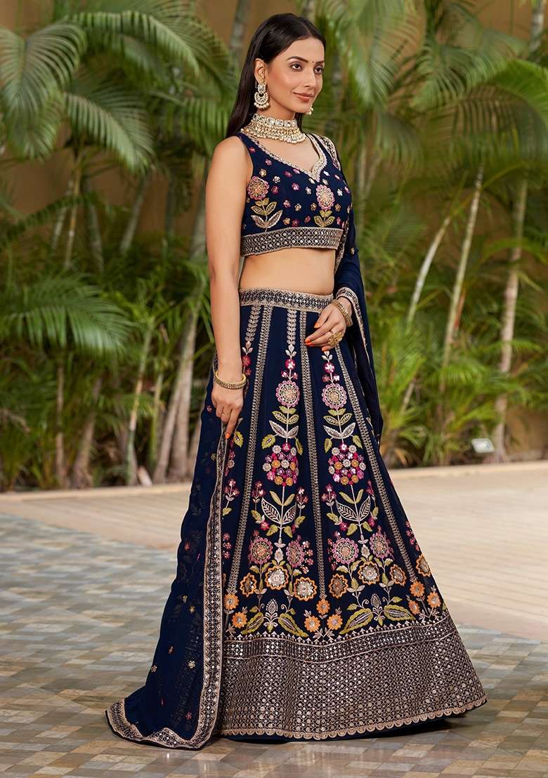 Navy Blue Georgette Lehenga Set with Embroidery for Diwali | Wedding & Festive Wear - Indya