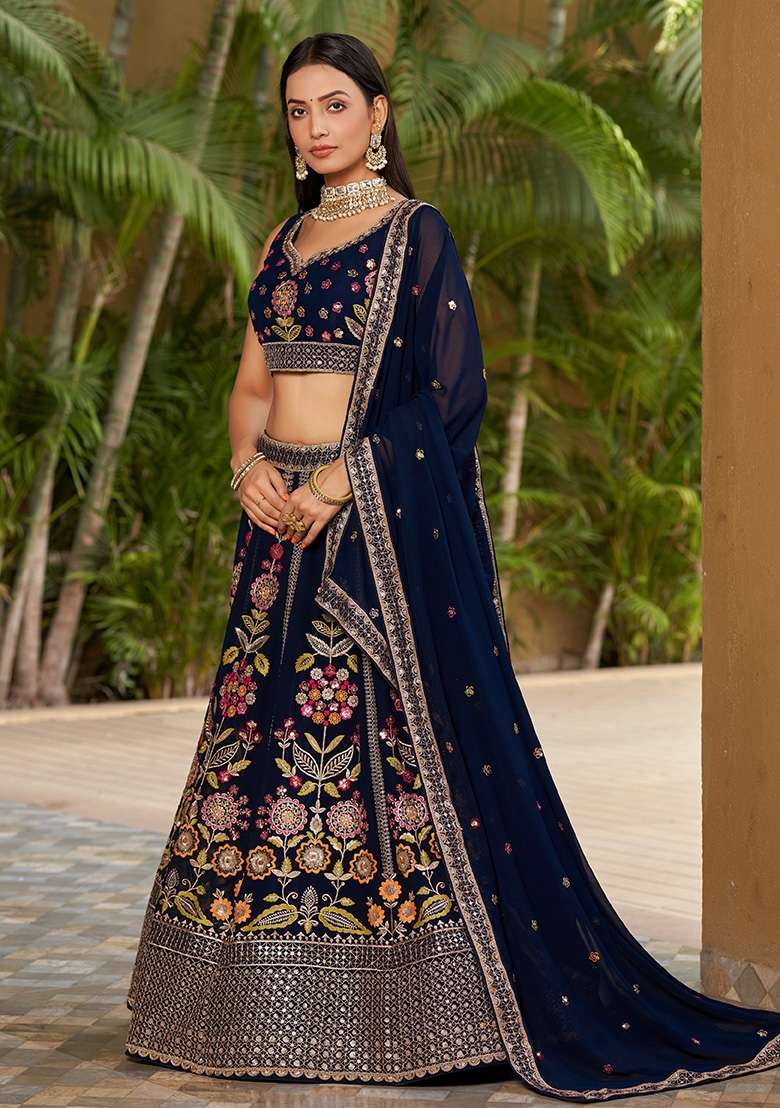 Navy Blue Georgette Lehenga Set with Embroidery for Diwali | Wedding & Festive Wear - Indya