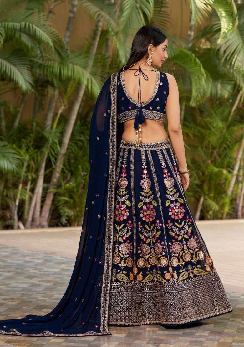 Navy Blue Georgette Lehenga Set with Embroidery for Diwali | Wedding & Festive Wear - Indya
