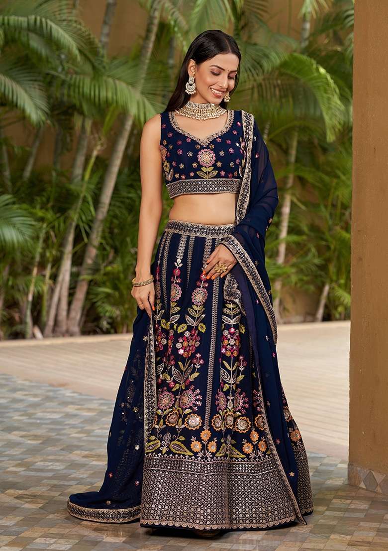Navy Blue Georgette Lehenga Set with Embroidery for Diwali | Wedding & Festive Wear - Indya