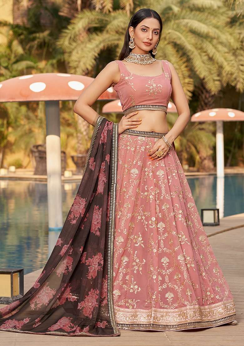 Dusty Pink Georgette Lehenga Set with Embroidery for Diwali | Wedding & Festive Wear - Indya