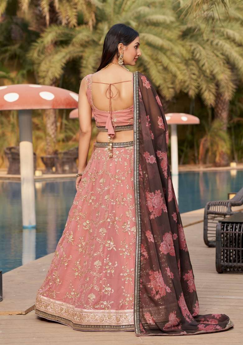 Dusty Pink Georgette Lehenga Set with Embroidery for Diwali | Wedding & Festive Wear - Indya