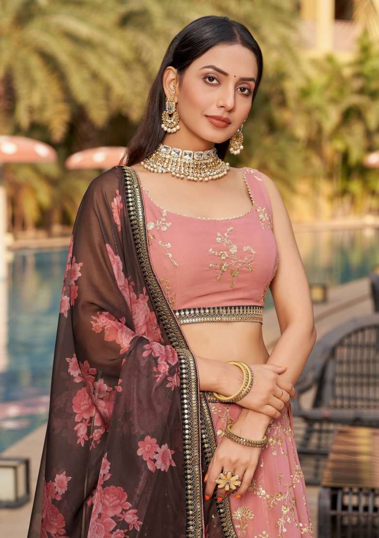 Dusty Pink Georgette Lehenga Set with Embroidery for Diwali | Wedding & Festive Wear - Indya