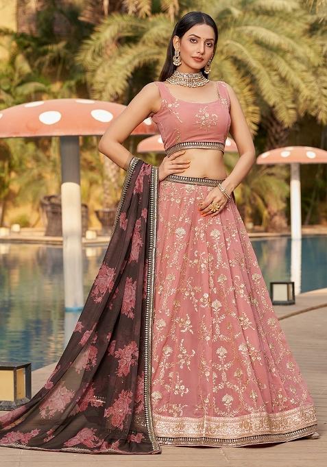 Dusty Pink Embroidery Georgette Lehenga Set