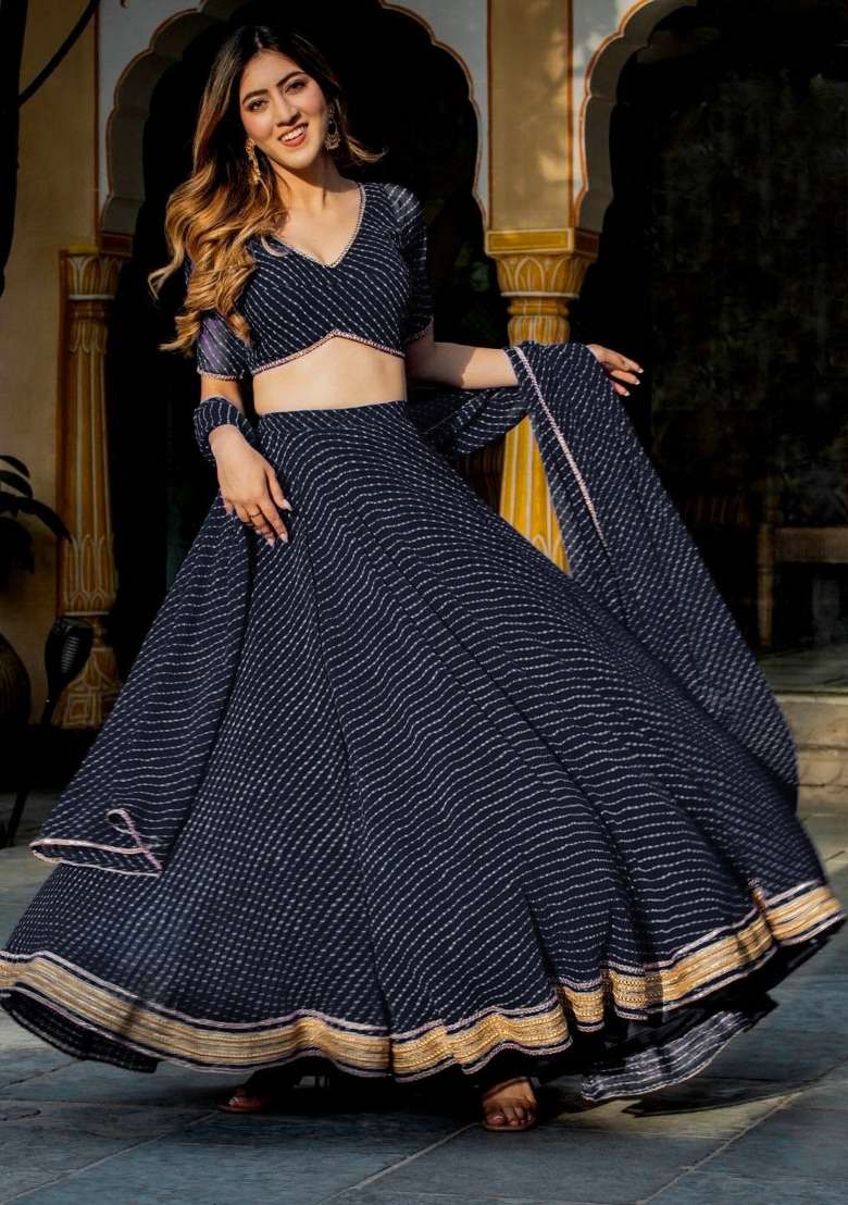 Black Lehariya Georgette Lehenga Set for Diwali and Festive Wear - Indya