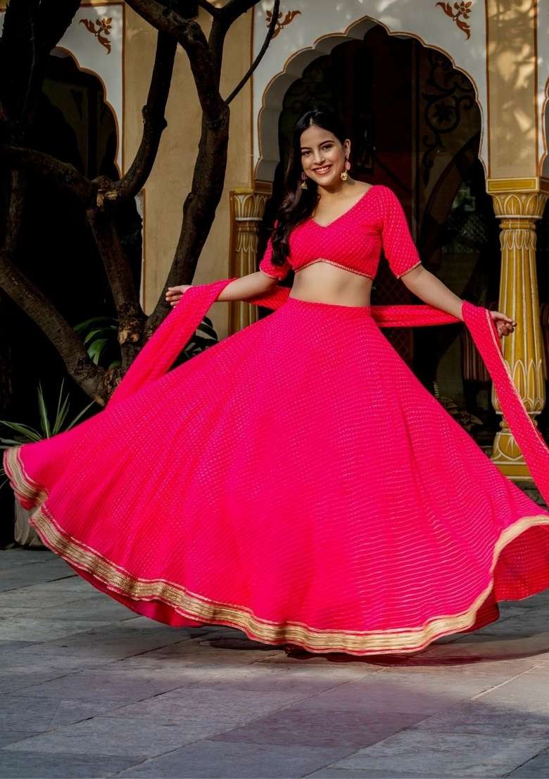 Pink Lehariya Georgette Lehenga Set for Diwali and Festive Wear - Indya