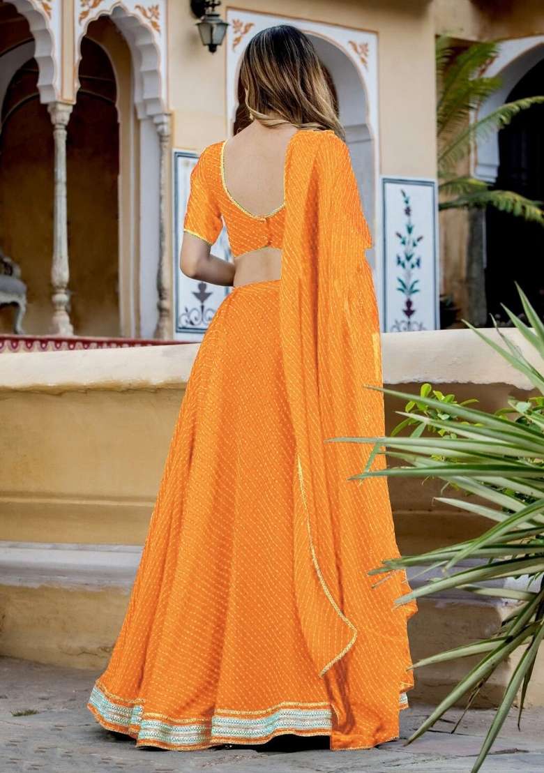 Orange Lehariya Georgette Lehenga Set for Diwali | Wedding & Festive Wear - Indya