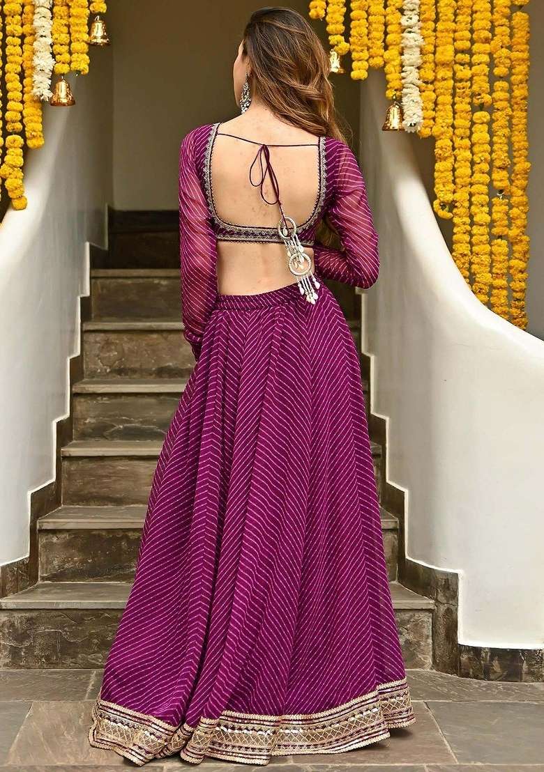 Purple Lehariya Georgette Lehenga Set for Diwali and Festive Wear - Indya
