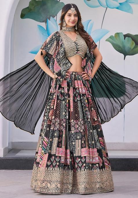 Black Embroidery Chinon Lehenga Set
