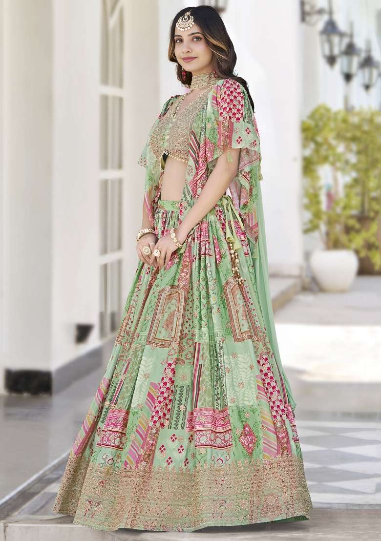 Green Embroidery Chinon Lehenga Set for Diwali and Festive Wear - Indya