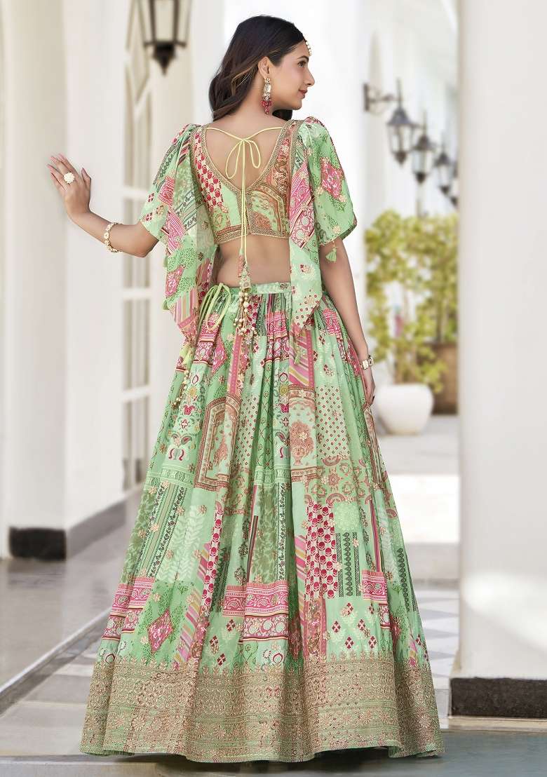 Green Embroidery Chinon Lehenga Set for Diwali and Festive Wear - Indya
