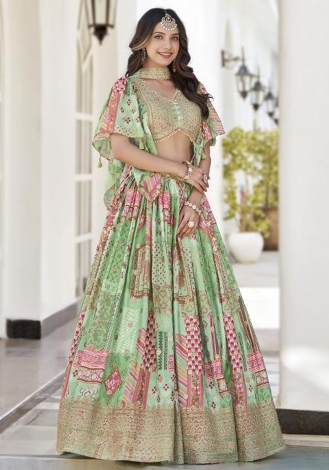 Green Embroidery Chinon Lehenga Set