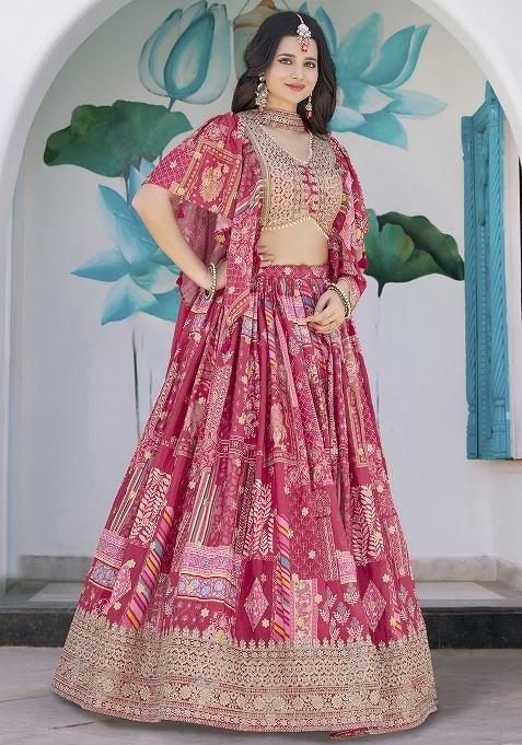 Pink Embroidery Chinon Lehenga Set