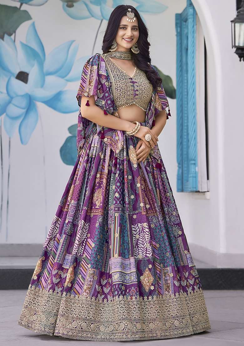 Purple Chinon Lehenga Set with Embroidery for Diwali | Wedding & Festive Wear - Indya