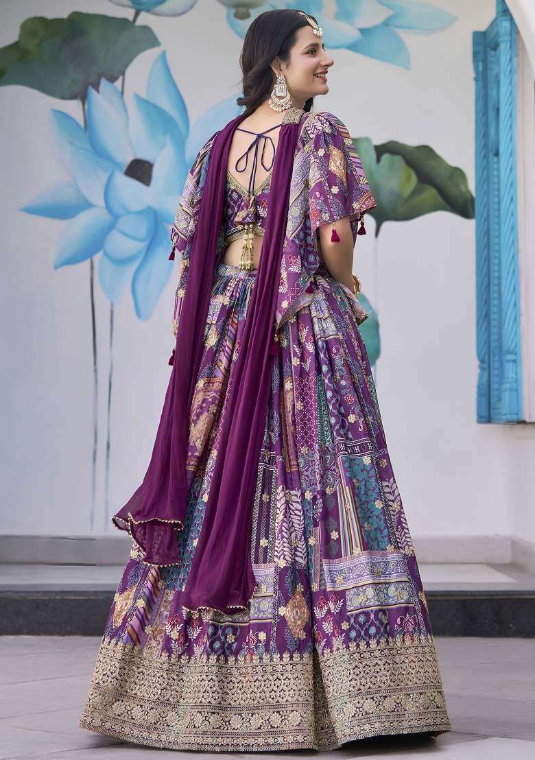 Purple Chinon Lehenga Set with Embroidery for Diwali | Wedding & Festive Wear - Indya