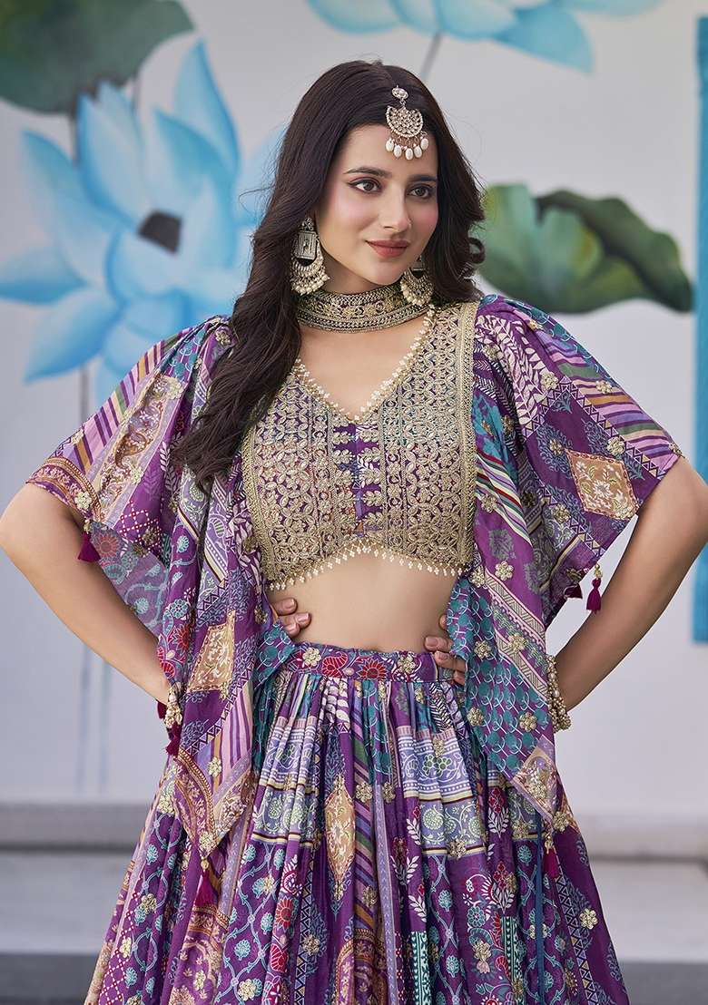 Purple Chinon Lehenga Set with Embroidery for Diwali | Wedding & Festive Wear - Indya