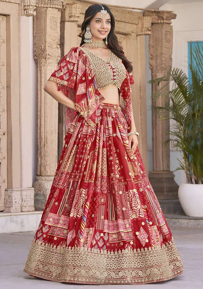 Red Chinon Lehenga Set with Embroidery for Diwali | Wedding & Festive Wear - Indya