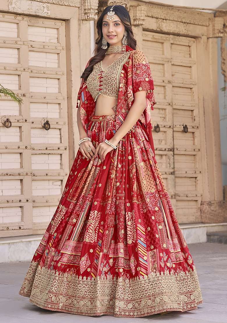 Red Chinon Lehenga Set with Embroidery for Diwali | Wedding & Festive Wear - Indya