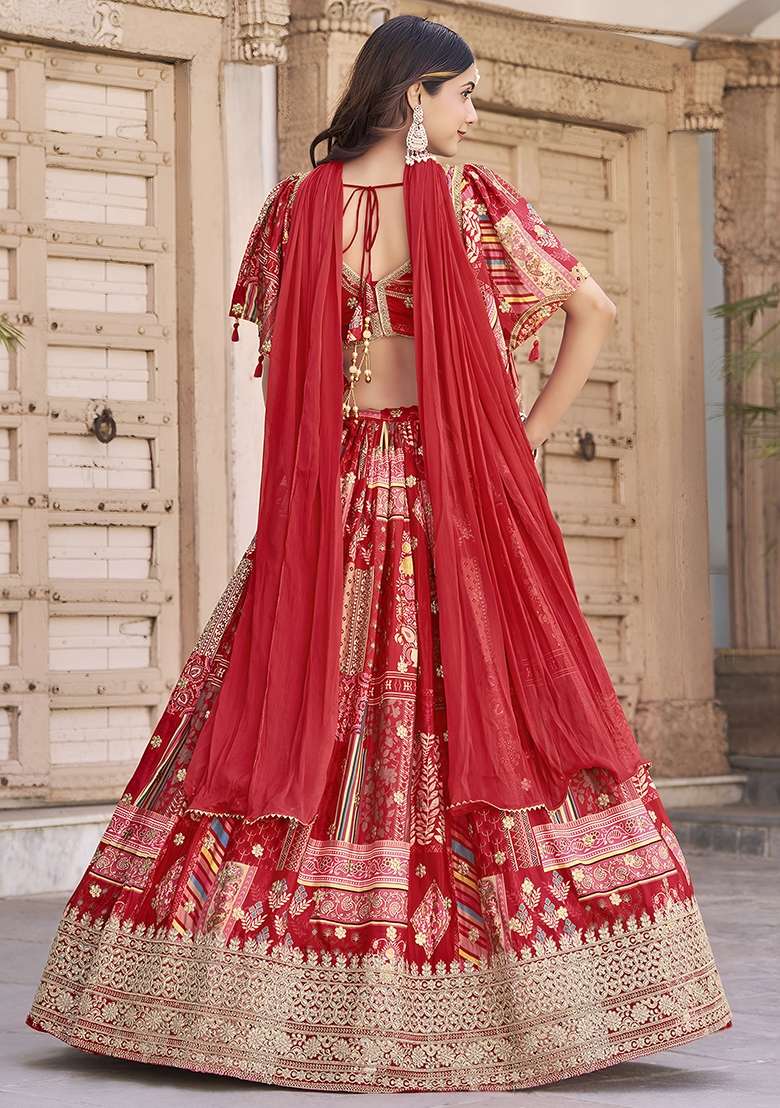 Red Chinon Lehenga Set with Embroidery for Diwali | Wedding & Festive Wear - Indya