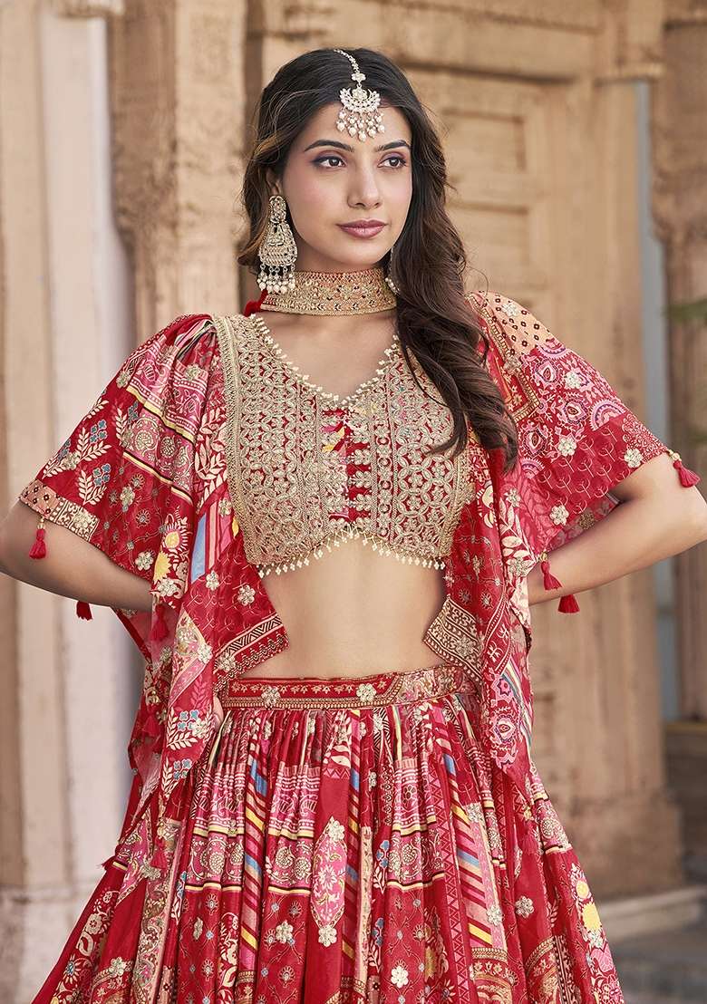 Red Chinon Lehenga Set with Embroidery for Diwali | Wedding & Festive Wear - Indya