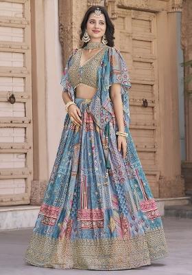 Sky Blue Embroidery Chinon Lehenga Set