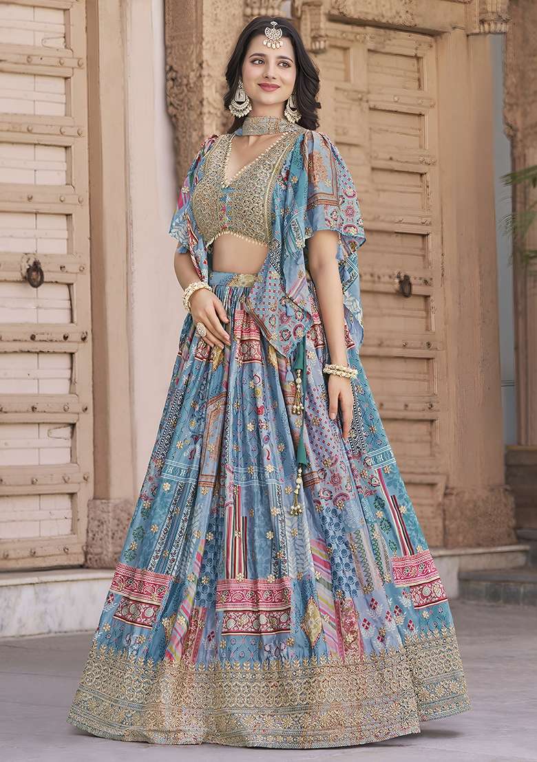Sky Blue Embroidery Chinon Lehenga Set for Diwali and Festive Wear - Indya