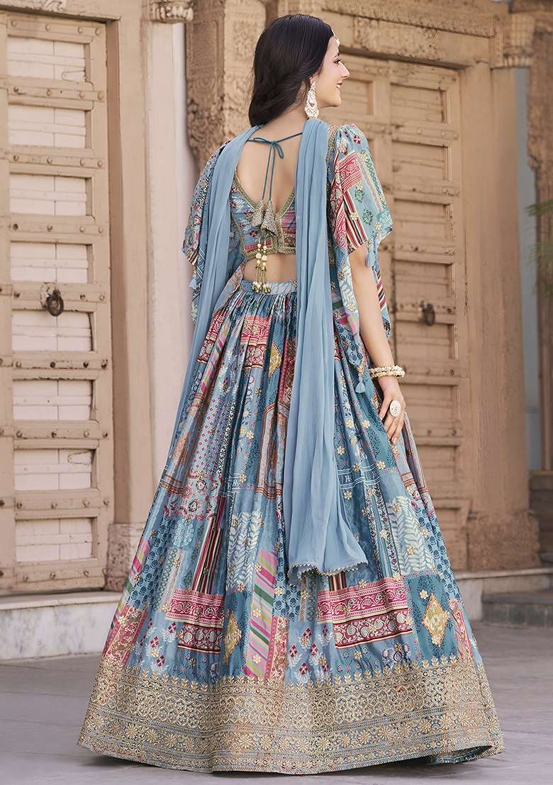 Sky Blue Embroidery Chinon Lehenga Set for Diwali and Festive Wear - Indya