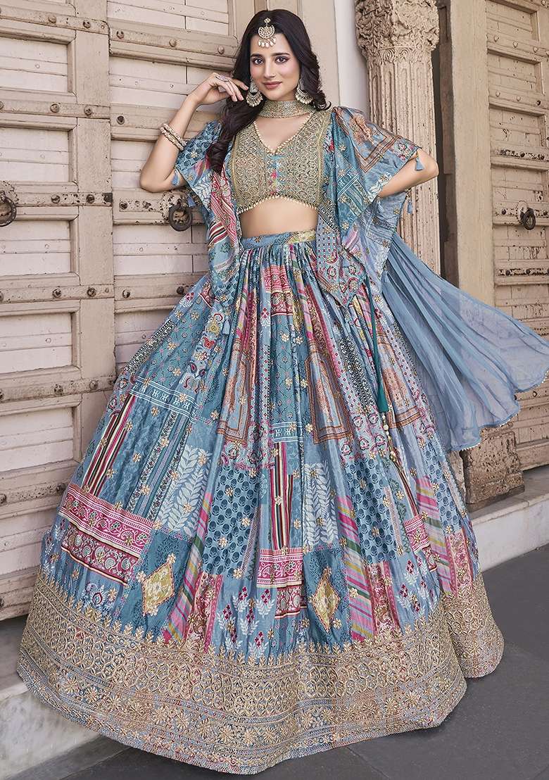 Sky Blue Embroidery Chinon Lehenga Set for Diwali and Festive Wear - Indya