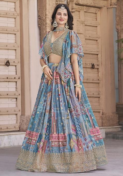 Sky Blue Embroidery Chinon Lehenga Set