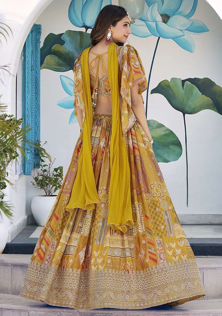 Yellow Chinon Lehenga Set with Embroidery for Diwali | Wedding & Festive Wear - Indya