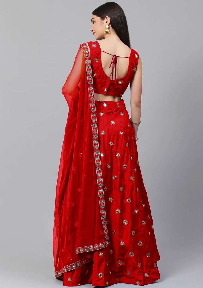 Red Mirror Taffeta Lehenga Set for Diwali and Festive Wear - Indya