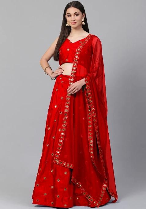 Red Mirror Taffeta Lehenga Set