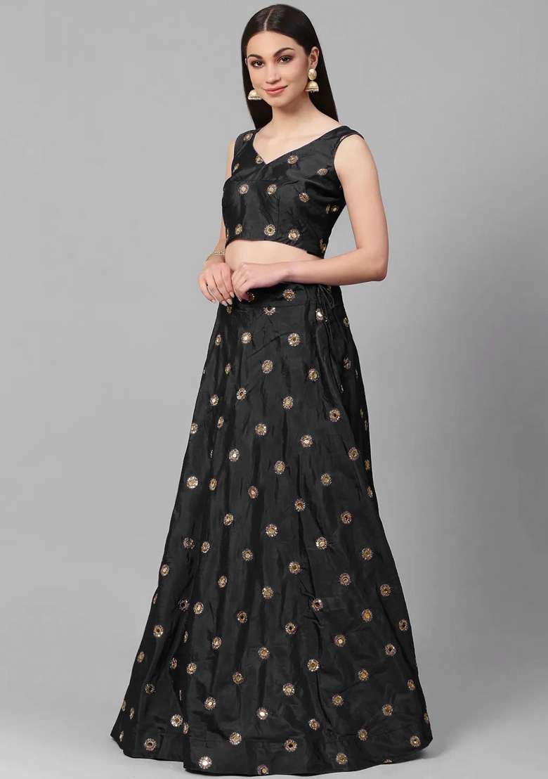 Black Mirror Taffeta Lehenga Set for Diwali | Wedding & Festive Wear - Indya